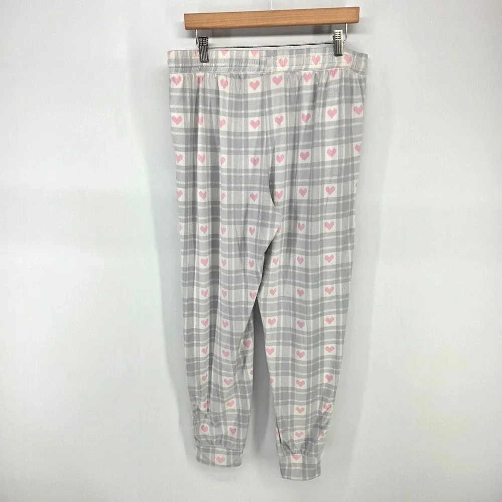 Loft Pajama Set Womens Large Gray Pink Heart Plaid Sleepwear Loungewear 2 Piece
